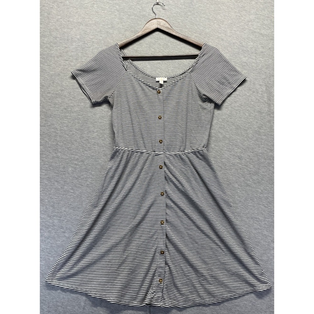 Charming Charlie Mini Dress Womens S White Black Striped Scoop Neck Button Front
